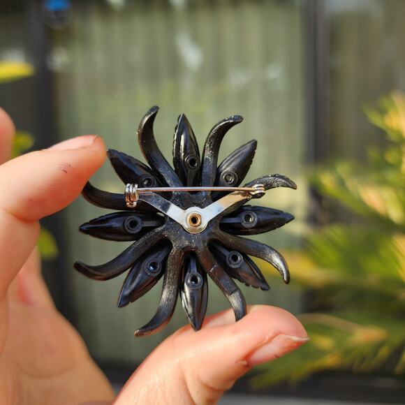 Vtg Selro Selini Brooch Japanned Amber Green Yellow Glass Marquise Rhinestones - Picture 4 of 10